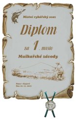 Diplom rybářské závody v muškaření č. 755 pergamen z překližky