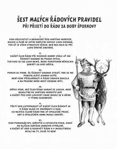 Šest řádových pravidel sv. Huberta na desce s kůrou