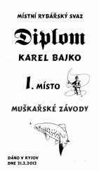 Diplom rybářské závody muškaření č.755 na desce s kůrou