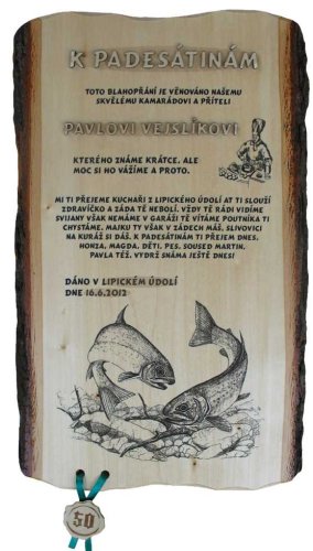 Gratulace rybář č. 758 na desce s kůrou 3D
