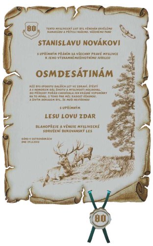 Gratulace myslivec č.743 pergamen z překližky