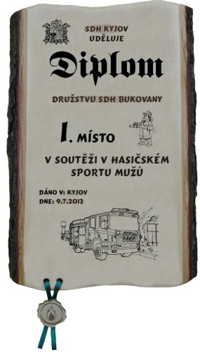 Diplom v hasičském sportu č. 792 na desce s kůrou 3D