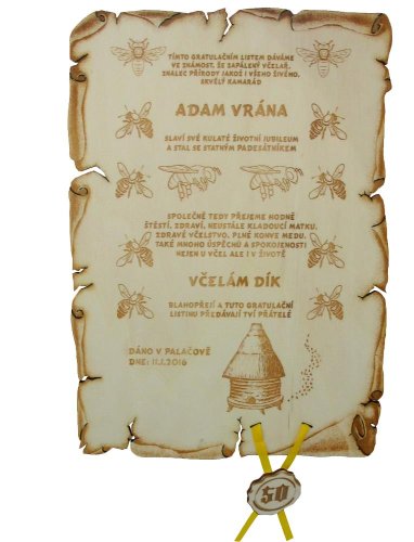 Gratulace včelař č.696 - Gratulace včelař pergamen z překližky