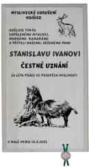 Čestné uznání myslivec č.721 na frézované desce 2D