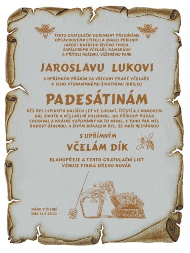 Gratulace včelař č.698 - Gratulace včelař pergamen z překližky