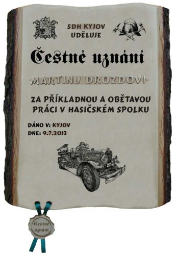 Čestné uznání hasič č. 791 na desce s kůrou 3D