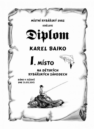 Diplom dětské rybářské závody pergamen z překližky