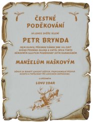 Čestné poděkování myslivec č.747 - Čestné poděkování myslivec pergamen z překližky
