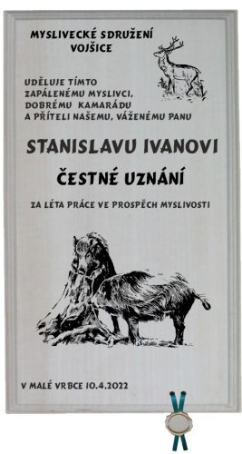 Čestné uznání myslivec č.721 na frézované desce 2D