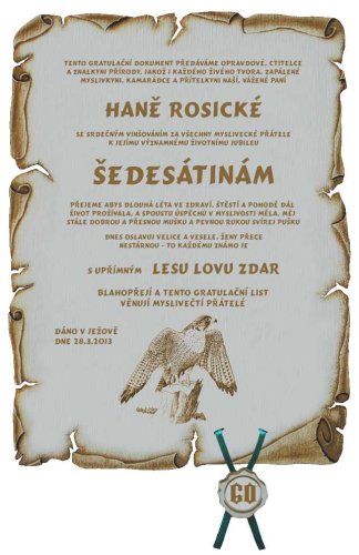 Gratulace myslivkyně č.730 pergamen z překližky