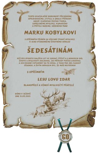 Gratulace myslivec č.726 pergamen z překližky
