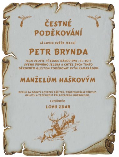 Čestné poděkování myslivec č.747 - Čestné poděkování myslivec pergamen z překližky