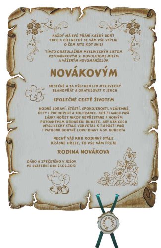 Gratulační list novomanželům pergamen z překližky