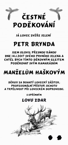 Čestné poděkování myslivec č.747 na desce s kůrou 3D