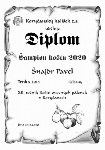 Diplom 774 košt slivovice pergamen z překližky