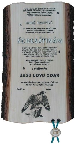Gratulace myslivkyně č.730 na desce s kůrou 3D