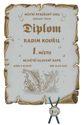 Diplom největší ryba č.757 pergamen z překližky