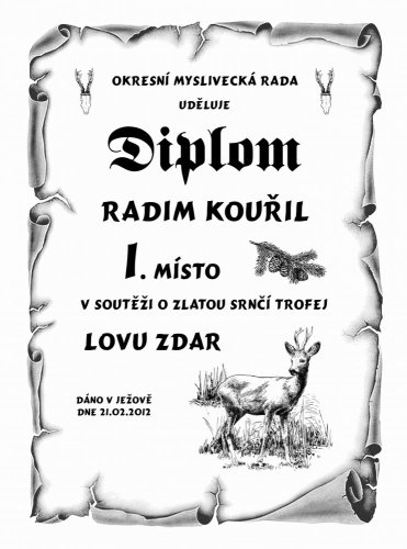 Diplom dětské soutěže v myslivosti č.741 pergamen z překližky