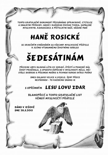 Gratulace myslivkyně č.730 pergamen z překližky