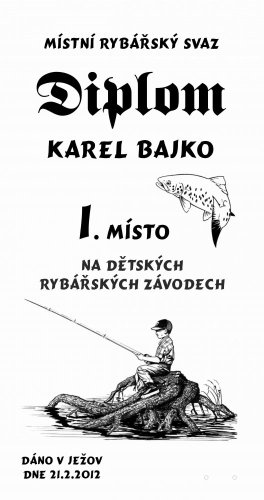 Diplom dětské rybářské závody na desce s kůrou