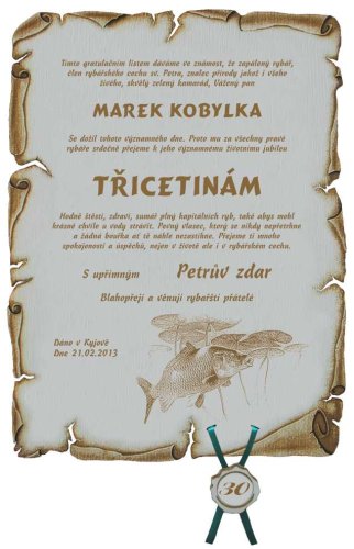 Gratulace rybář č. 761 pergamen z překližky