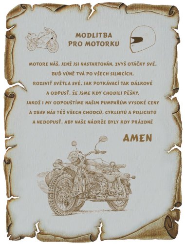 Modlitba pro motorku veterán č. 787 pergamen z překližky