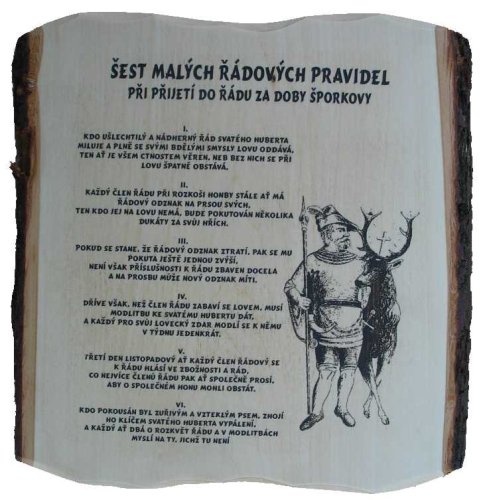 Šest řádových pravidel sv. Huberta na desce s kůrou