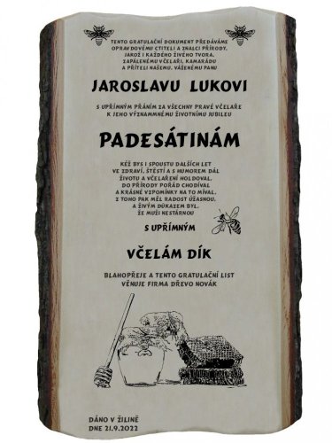 Gratulace včelař č.698 - na desce s kůrou 3D