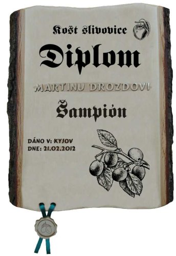 Diplom 774 košt slivovice na desce s kůrou 3D