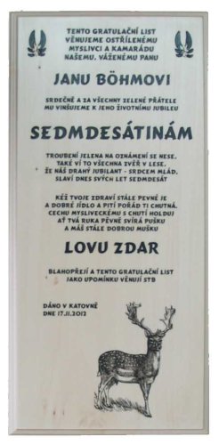 Gratulace myslivec č.727 na frézované desce 2D