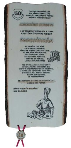Gratulační list pro kuchaře č 788 na desce s kůrou 3D