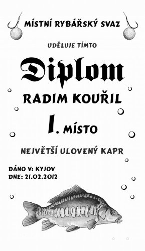 Diplom největší ryba č. 757 na desce s kůrou