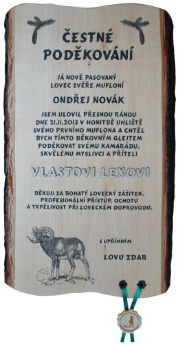 Čestné poděkování myslivec č.747 na desce s kůrou 3D