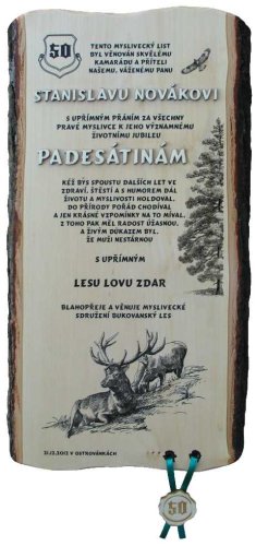 Gratulace myslivec č.743 na desce s kůrou 3D