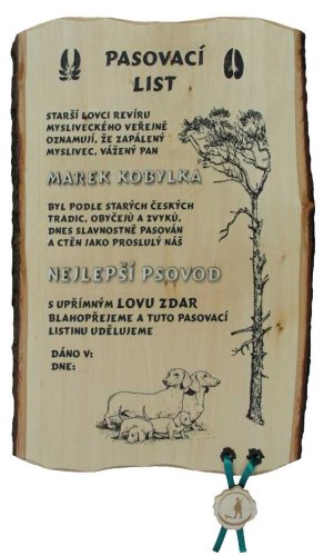 Pasovací list psovod č.736 na desce s kůrou 3D