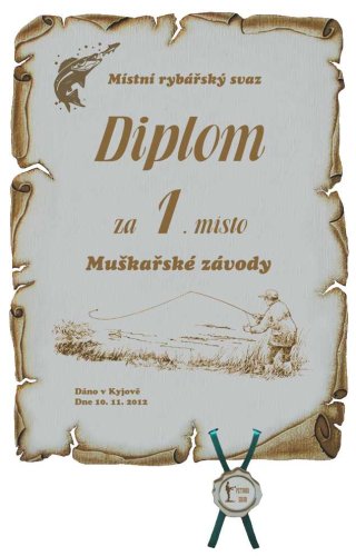 Diplom rybářské závody v muškaření č. 755 pergamen z překližky