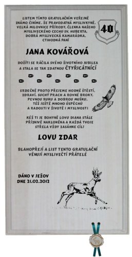 Gratulace myslivkyně č.728 - Gratulace myslivkyně na frézované desce 2D