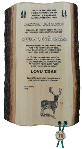 Gratulace myslivec č.727 na desce s kůrou 3D
