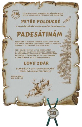 Gratulace myslivkyně č.729 -  pergamen z překližky